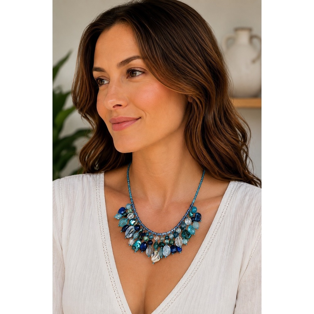 Blue Beaded‎ Bib Statement Necklace Faux Pearl Glass Acrylic Shell Multi Strand